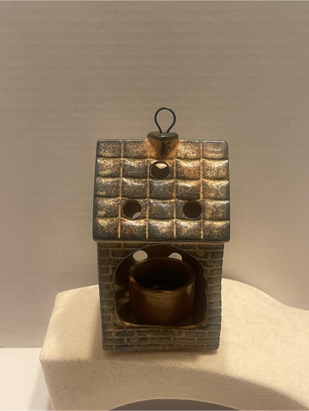 Vintage Ceramic Bird House tea light in Antique Brown green roof